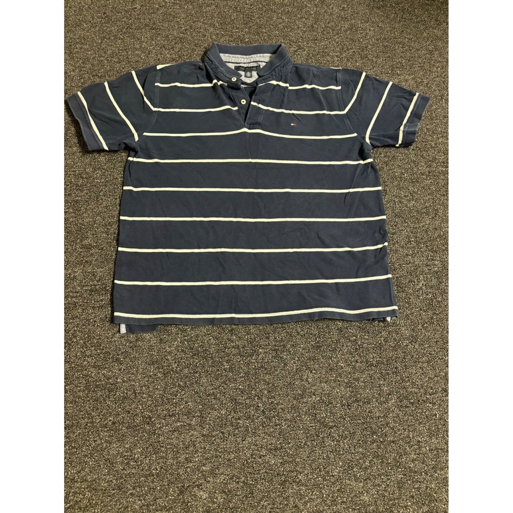 Tommy Hilfiger Men's Polo Shirt XL Navy Blue White Stripe Short‎ Sleev
